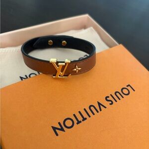 Louis Vuitton Brown Leather Bracelet with Gold LV Monogram